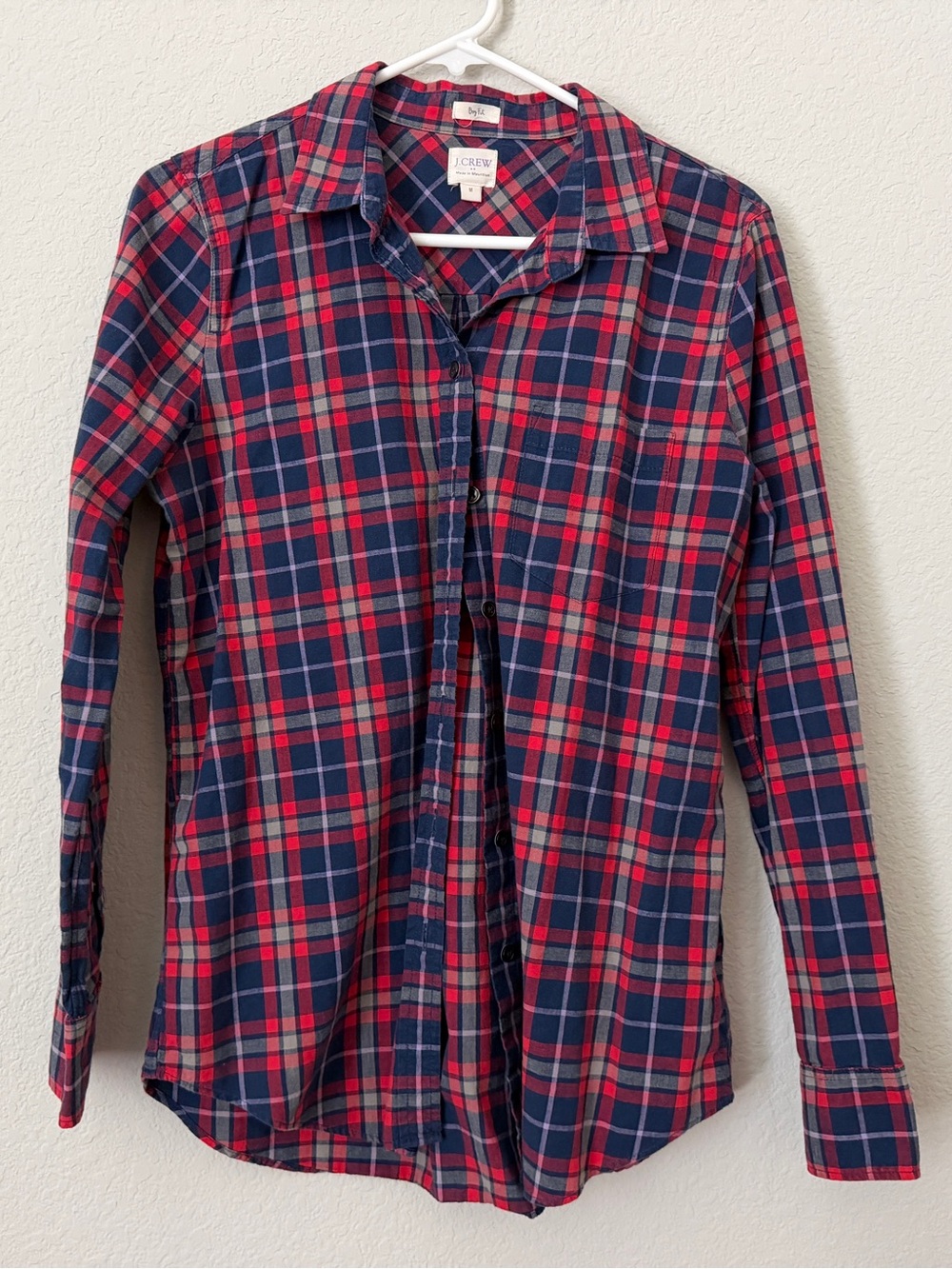 J. Crew Navy, Red & Cream Plaid Boy-Fit Shirt